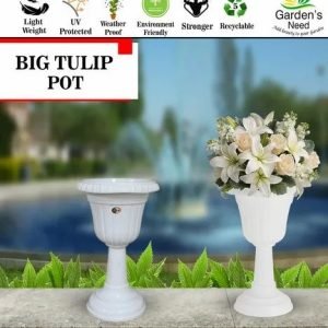 White Garden’s Need Tulip pot, 18 inch, shown empty and styled with flowers