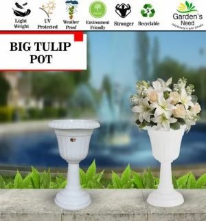White Garden’s Need Tulip pot, 18 inch, shown empty and styled with flowers