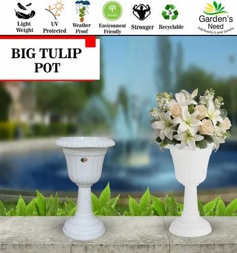 White Garden’s Need Tulip pot, 18 inch, shown empty and styled with flowers
